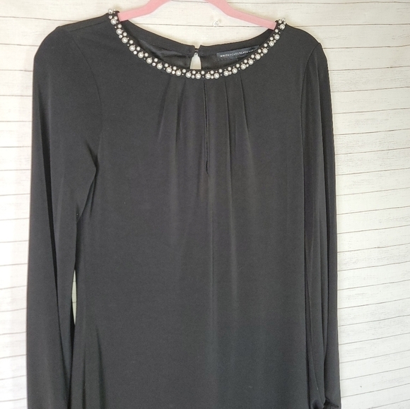 WHITE HOUSE BLACK MARKET LONG SLEEVE SHIFT DRESS PEARL/CRYSTAL NECKLINE SZ SMALL - Picture 2 of 11